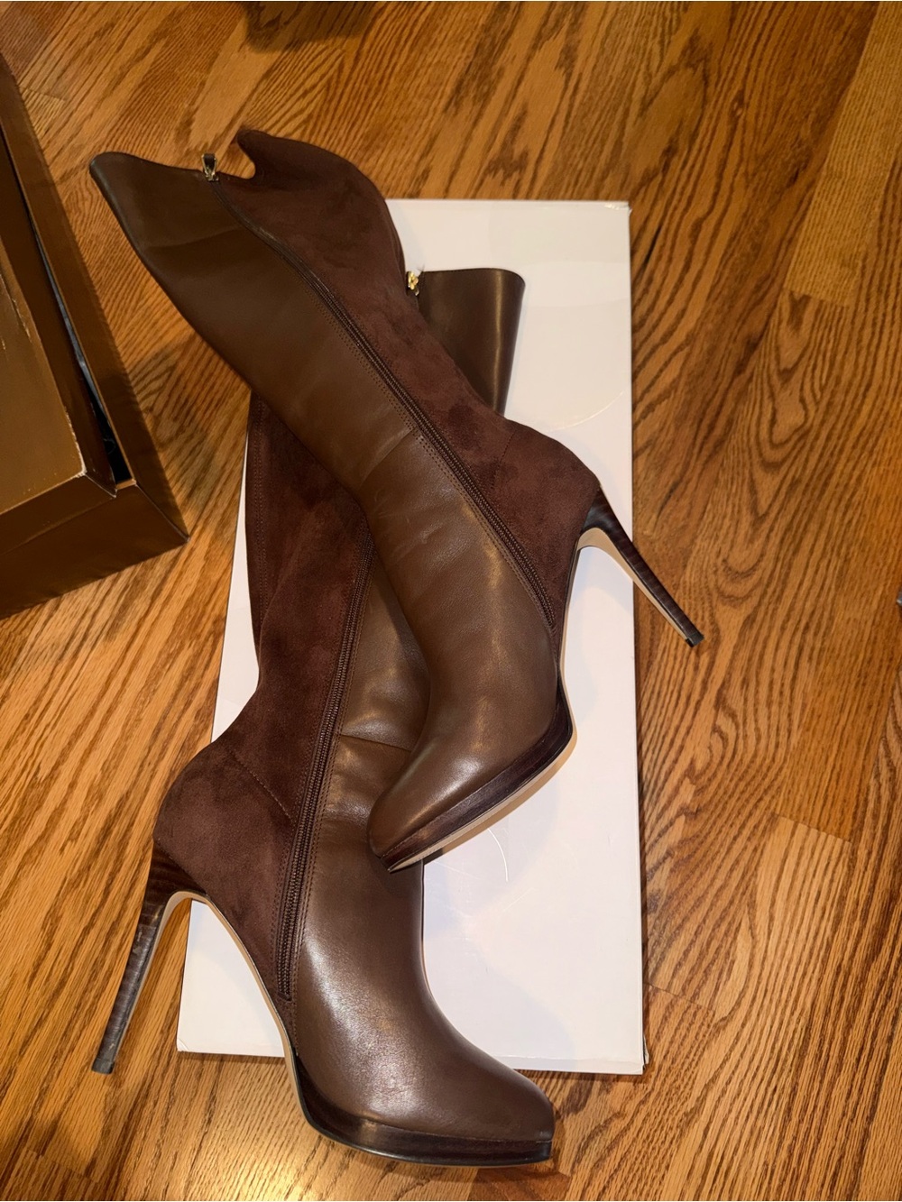 Nine West Two-Tone Brown Leather & Suede Knee-High Stiletto Boots